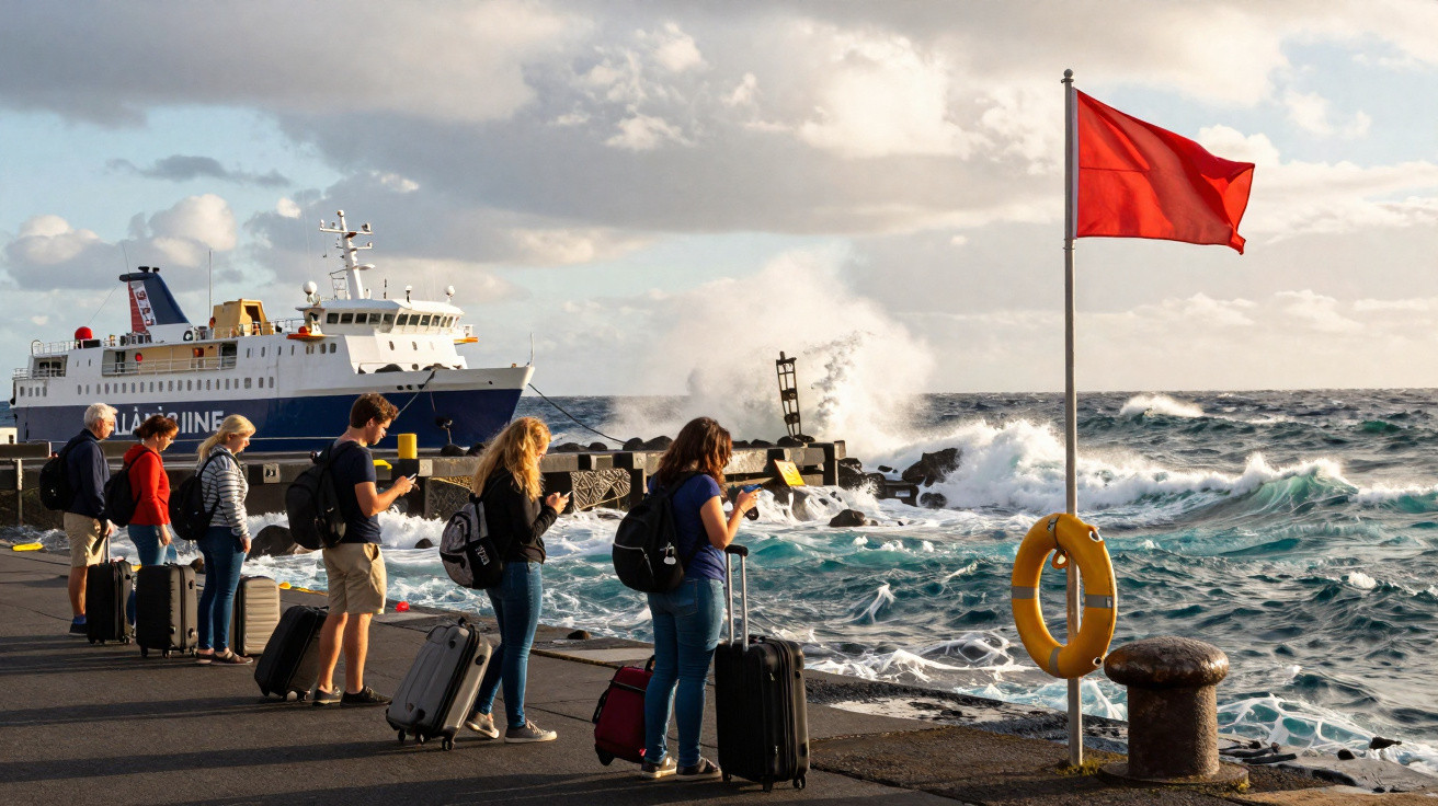 Pessoas com malas aguardam no cais enquanto ondas fortes batem e bandeira vermelha sinaliza perigo no mar.