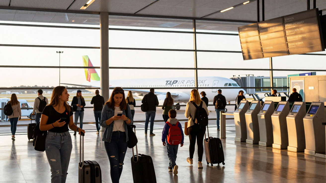Passageiros com malas caminham pelo saguão do aeroporto com avião TAP Air Portugal ao fundo.