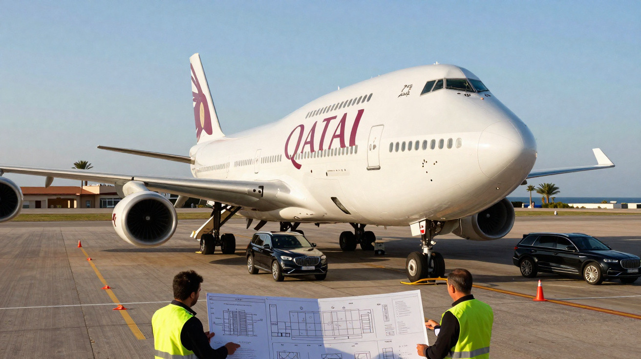 Avião QATAR parado na pista com dois homens de colete refletivo analisando planta baixa.