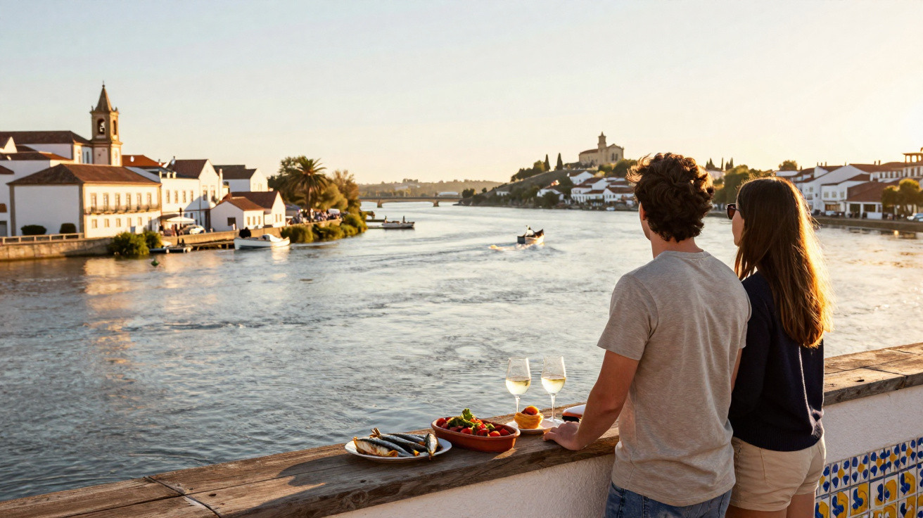 Casal observa rio ao pôr do sol com comidas e vinhos ao lado em varanda com azulejos portugueses.