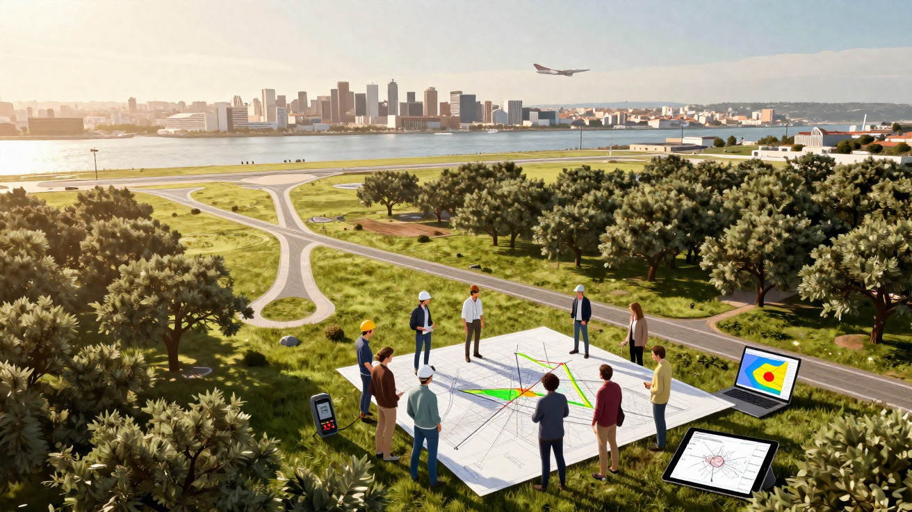 Equipe analisando planta arquitetônica em área verde com cidade e avião ao fundo.