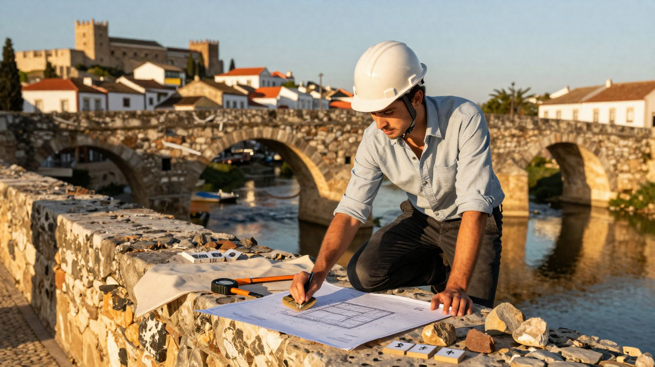 Engenheiro com capacete revisa planta e materiais de construção em ponte histórica de pedra ao pôr do sol.