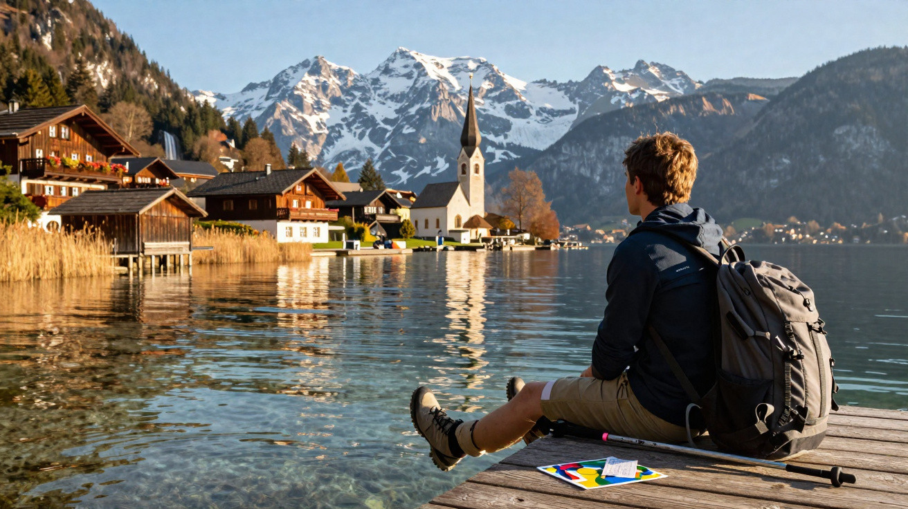 Jovem com mochila sentado em pier olhando lago, casas de madeira e montanhas com neve ao fundo.