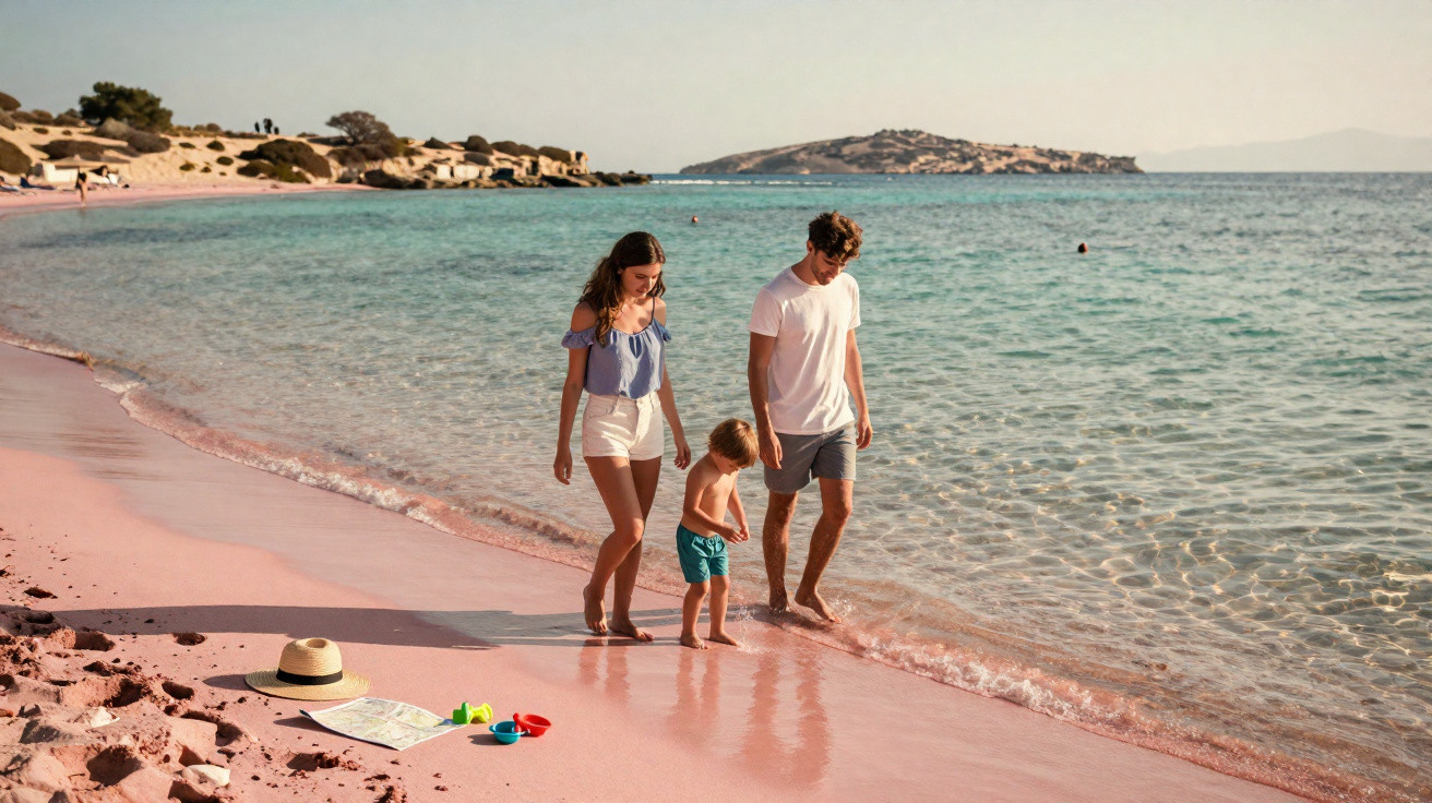 Família andando com criança na praia de areia rosa e mar calmo em dia ensolarado.