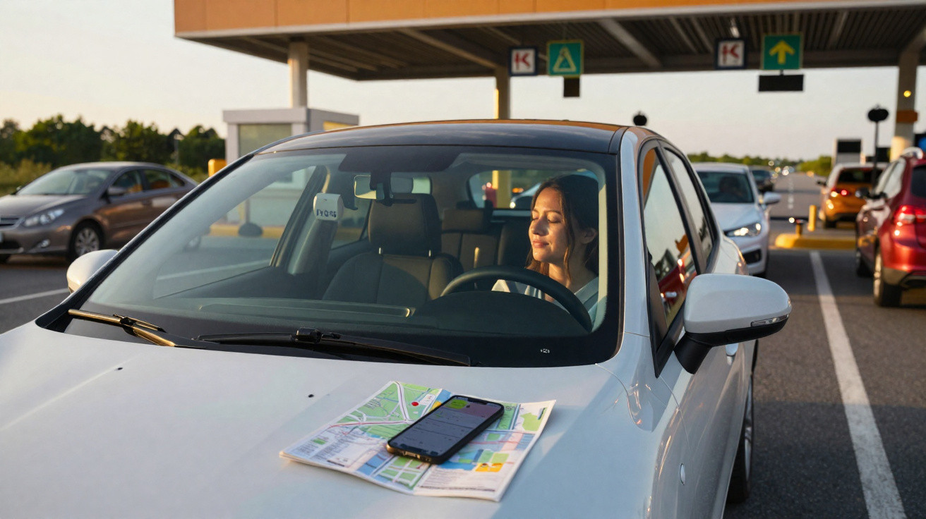Mulher em carro branco parada em pedágio, com mapa e celular sobre o capô ao pôr do sol.