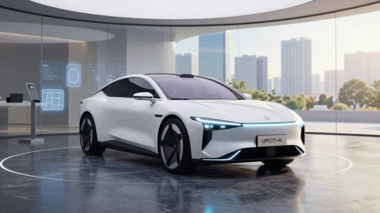 Carro elétrico branco futurista exibido em showroom moderno com vista urbana ao fundo.