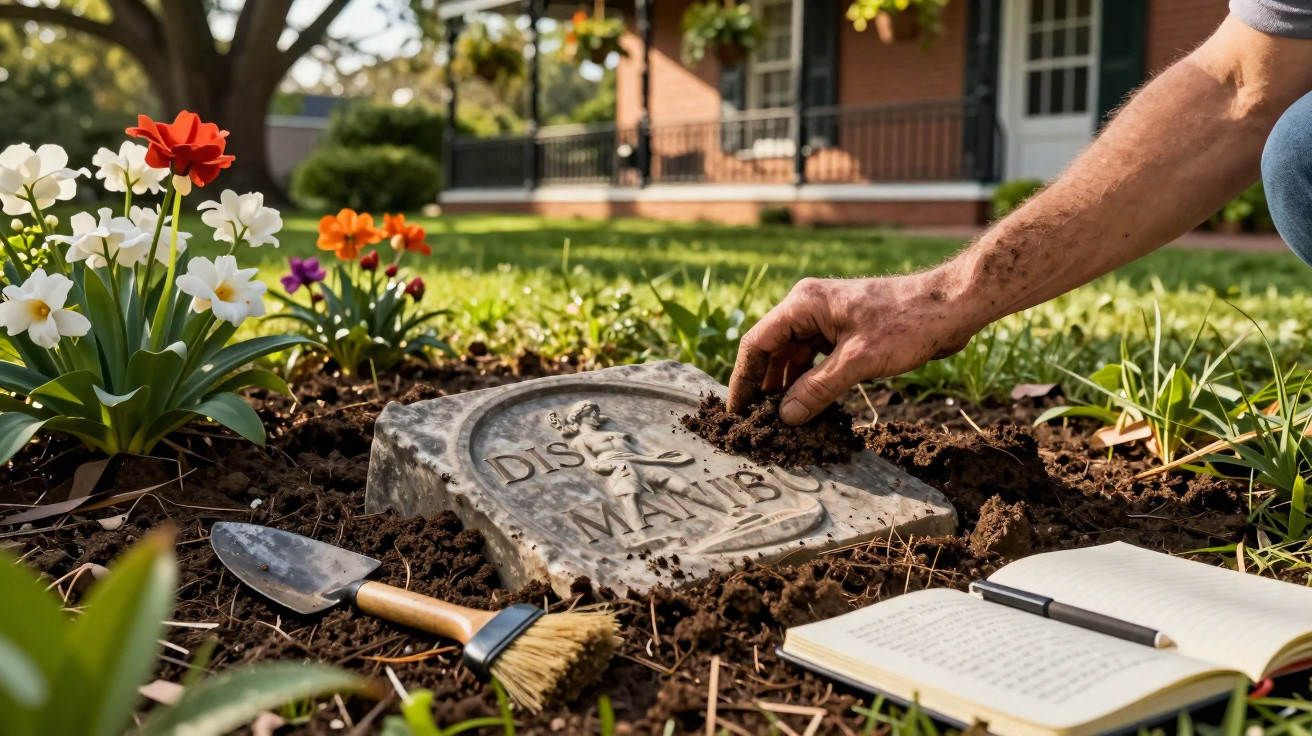 Mão limpando lápide em jardim com flores, ao lado de ferramentas de jardinagem e caderno com caneta.