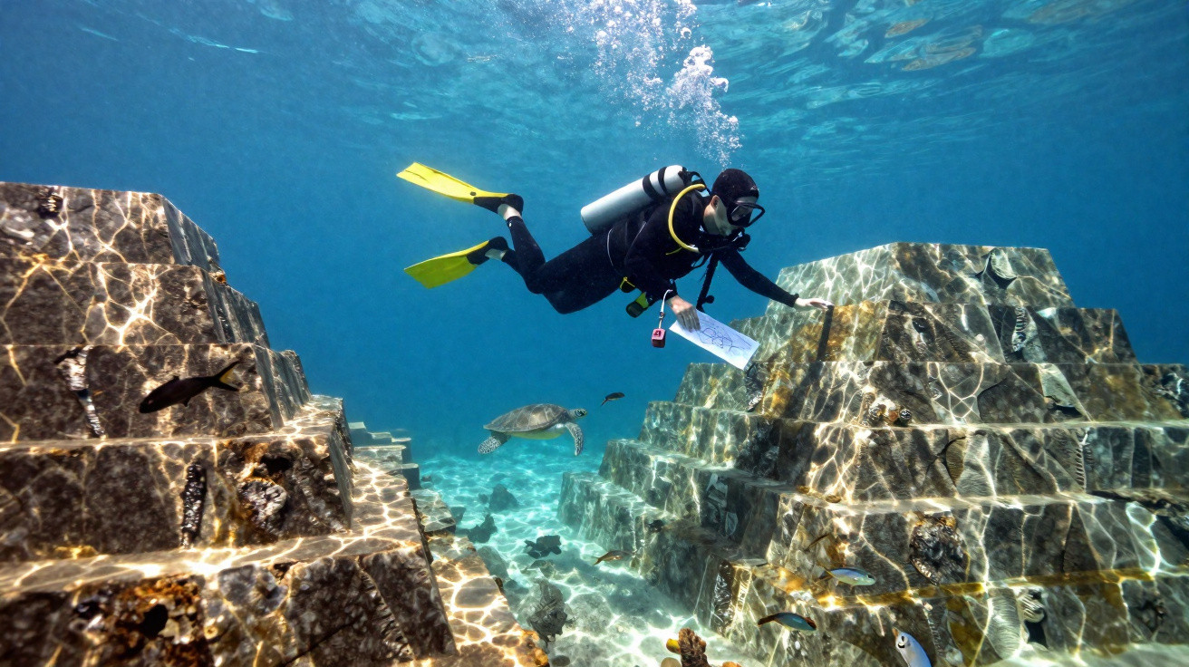 Mergulhador com equipamento e nadadeiras amarelas explorando ruínas submersas com peixes e uma tartaruga.