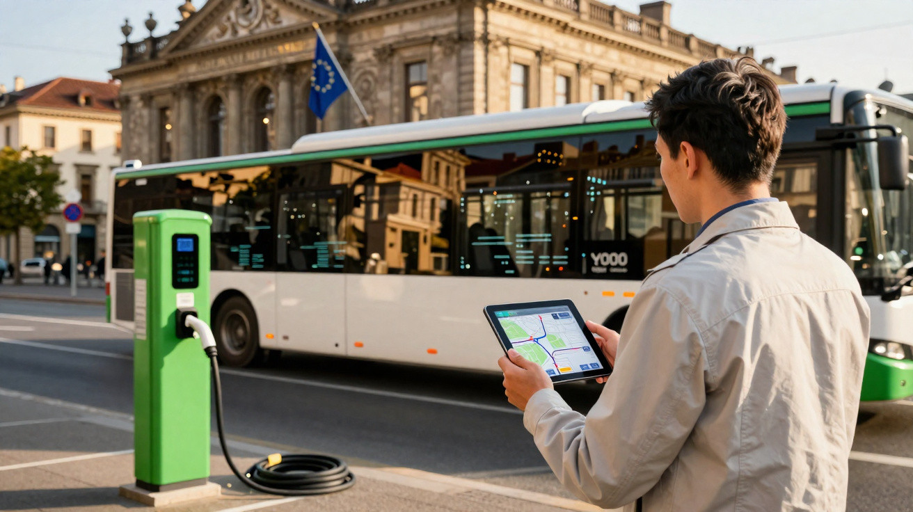 Homem com tablet próximo a estação de carregamento de ônibus elétrico em área urbana.