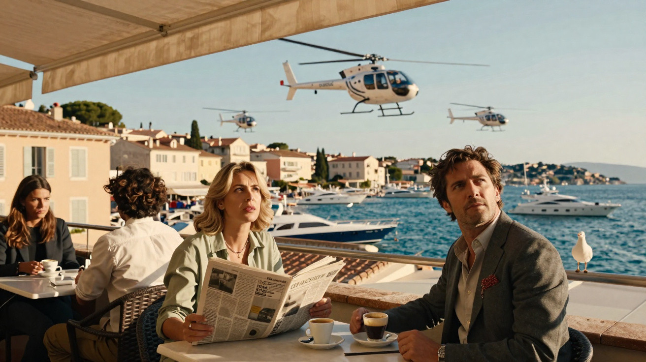 Casal em café à beira-mar observa três helicópteros voando sobre iates em porto ensolarado.