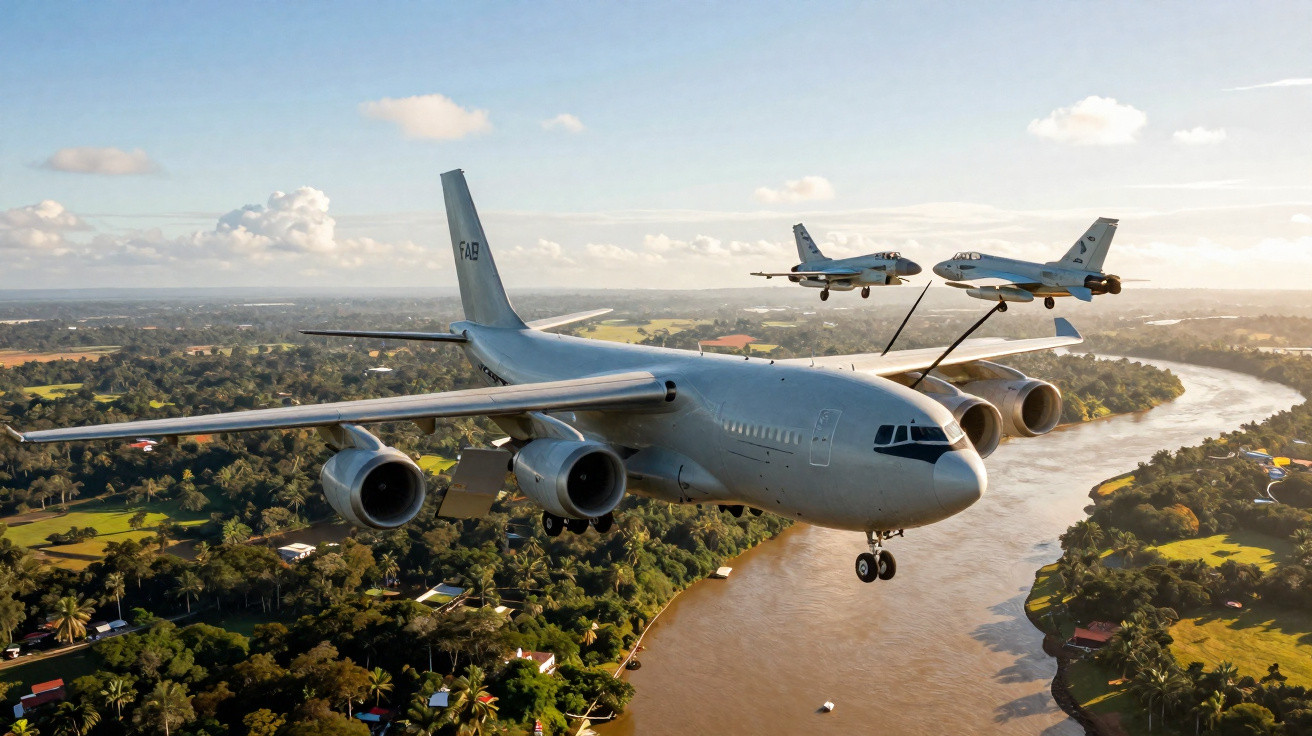 Avião de transporte militar acompanhado por dois jatos militares sobre rio e áreas verdes ao entardecer.