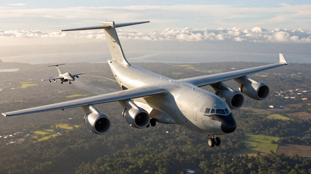 Avião tanque reabastecendo outra aeronave em voo sobre área com mata e campos.