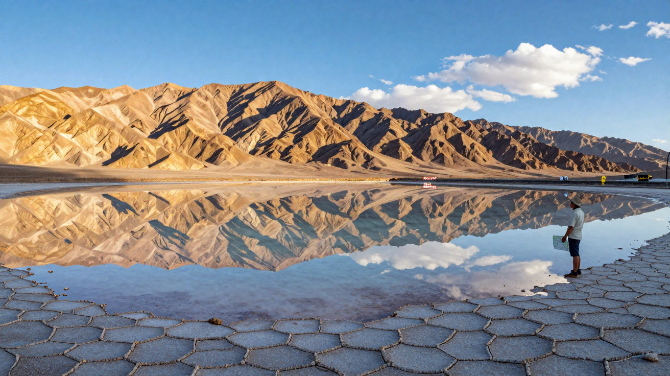 Homem observa lago raso refletindo montanhas e céu azul com nuvens em terreno com pedras hexagonais.