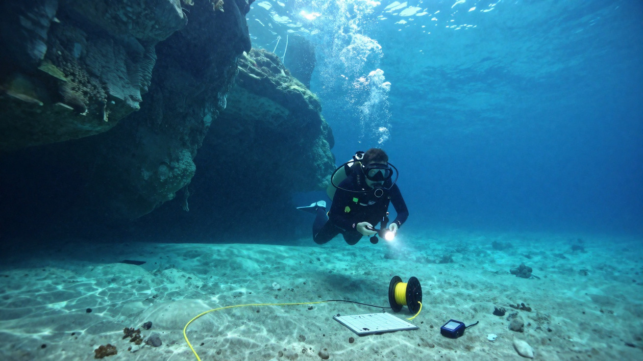 Mergulhador com equipamento completo explorando fundo do mar com rochas e equipamentos de pesquisa subaquática.