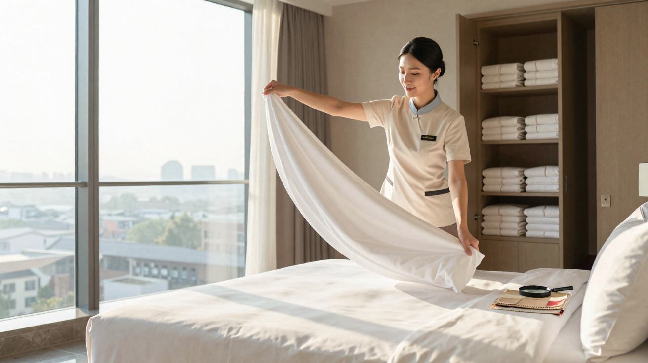 Funcionária de hotel arrumando cama em quarto com janela grande e prateleiras de toalhas ao fundo.