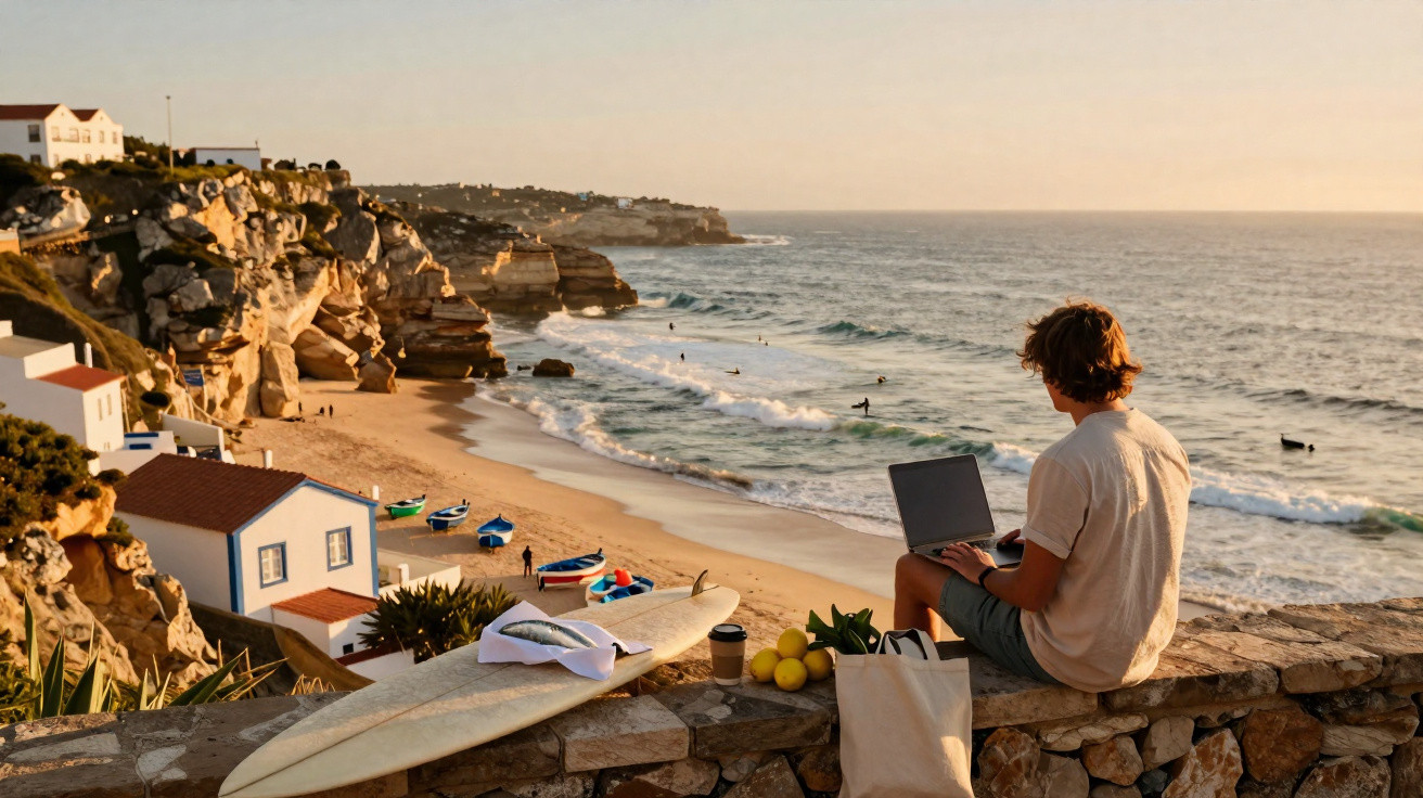 Homem usando laptop sentado em muro com prancha de surf, frutas e café ao lado, vista para praia e mar ao pôr do sol.