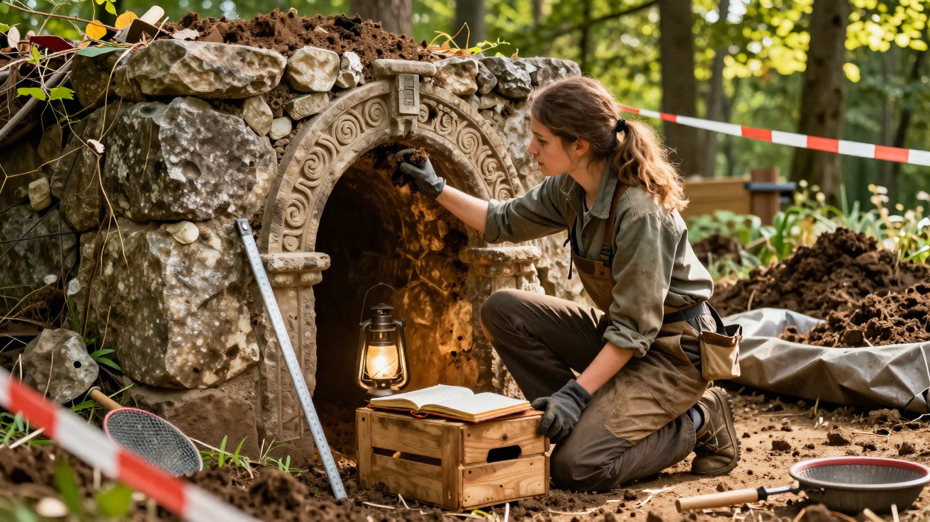Mulher arqueóloga examina estrutura arqueológica antiga em floresta, com lanternas, livros e ferramentas ao redor.