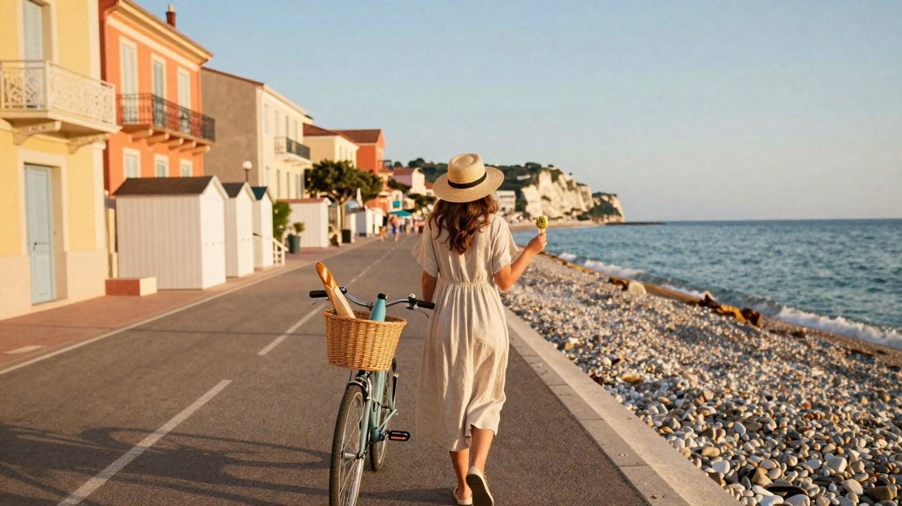 Mulher de vestido e chapéu caminhando com bicicleta à beira-mar em avenida com casas coloridas ao pôr do sol.