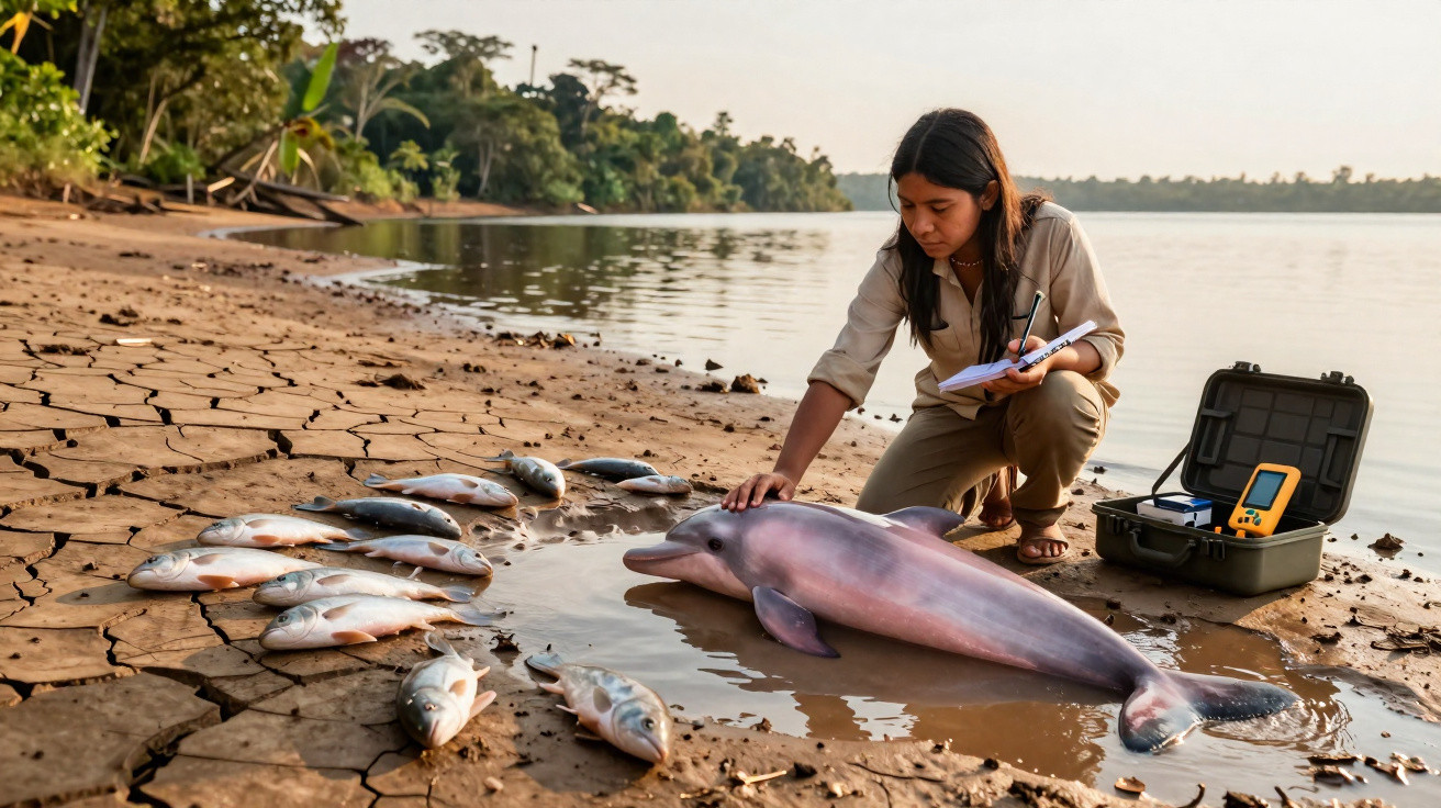 Pesquisadora observa e anota dados de boto-cor-de-rosa e peixes em margem seca de rio.