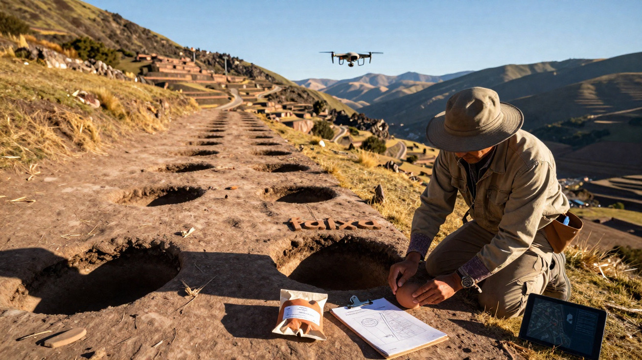 Pesquisador arqueológico analisa escavação ao ar livre com drone voando e tablet ao lado em região montanhosa.