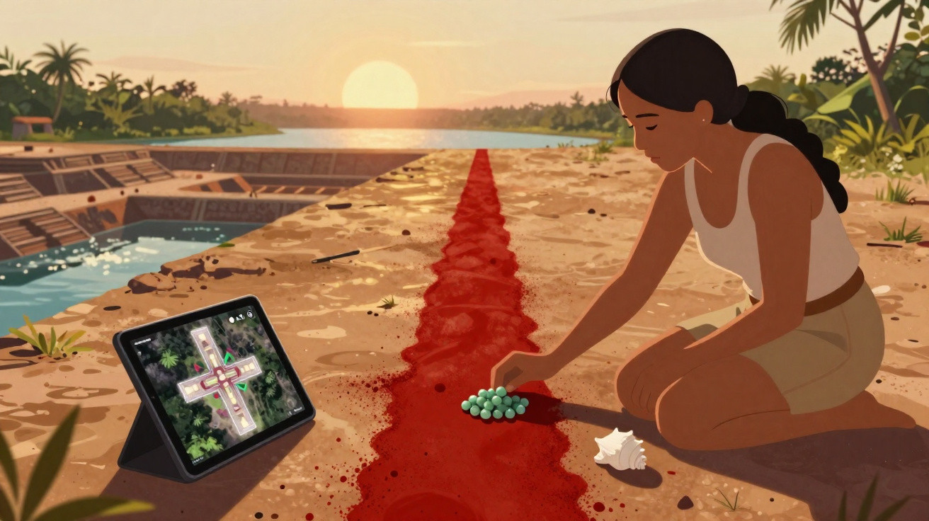 Mulher ajoelhada no chão ao pôr do sol, espalhando sementes ao lado de linha vermelha e tablet com mapa.