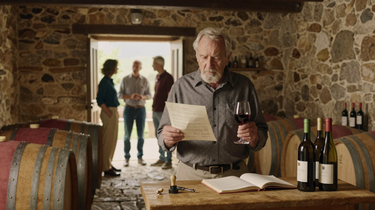 Homem idoso analisando documento e segurando taça de vinho em adega com barris e três pessoas ao fundo.
