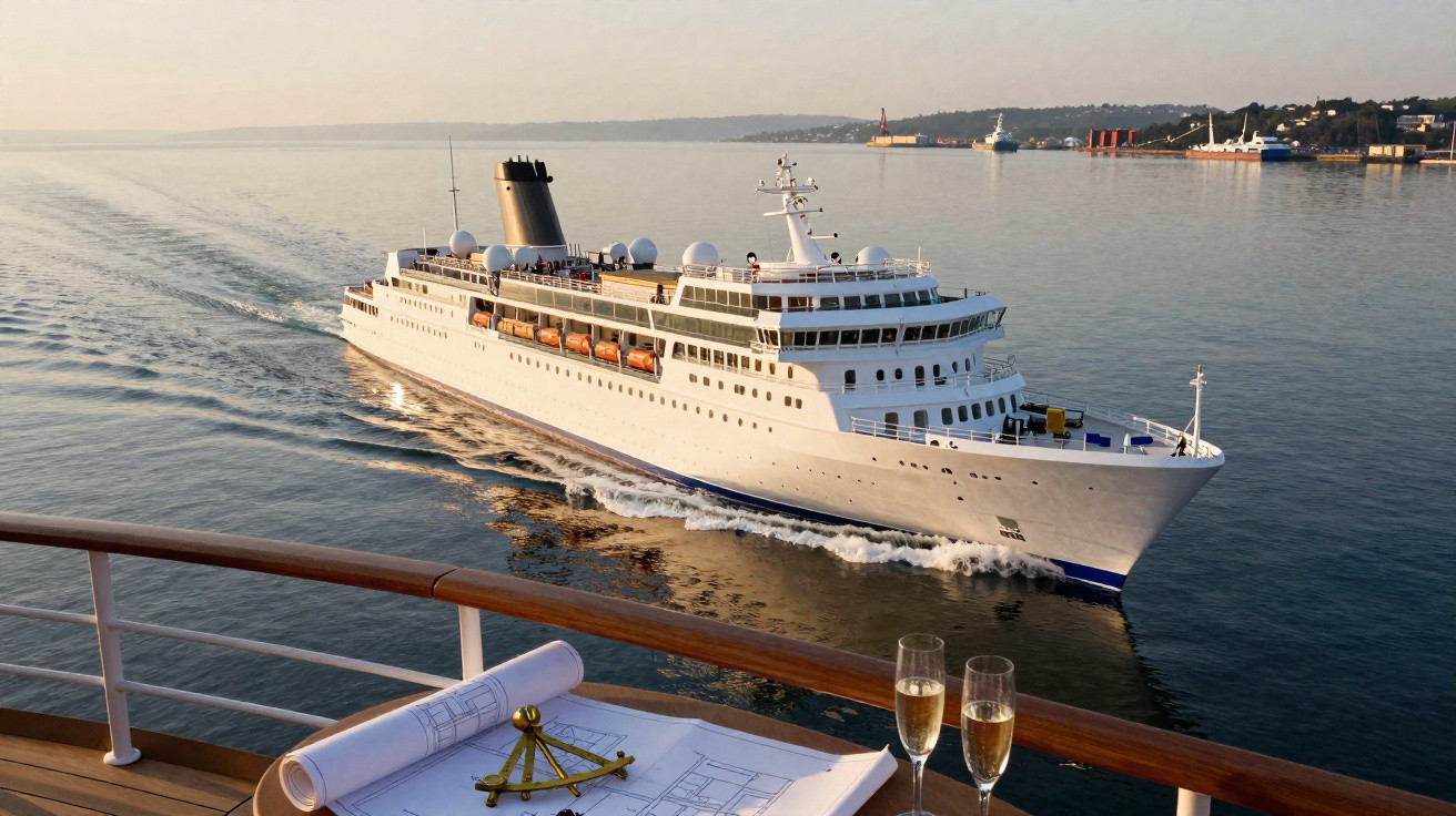 Navio de cruzeiro branco navegando em mar calmo ao pôr do sol, visto de outro navio com plantas e taças.
