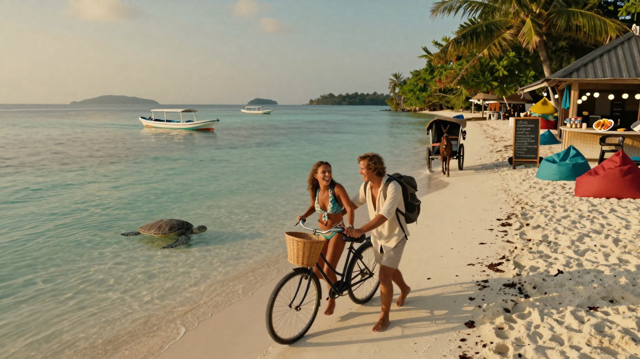 Casal caminhando na praia com bicicleta, tartaruga no mar e quiosque com palmeiras ao fundo.