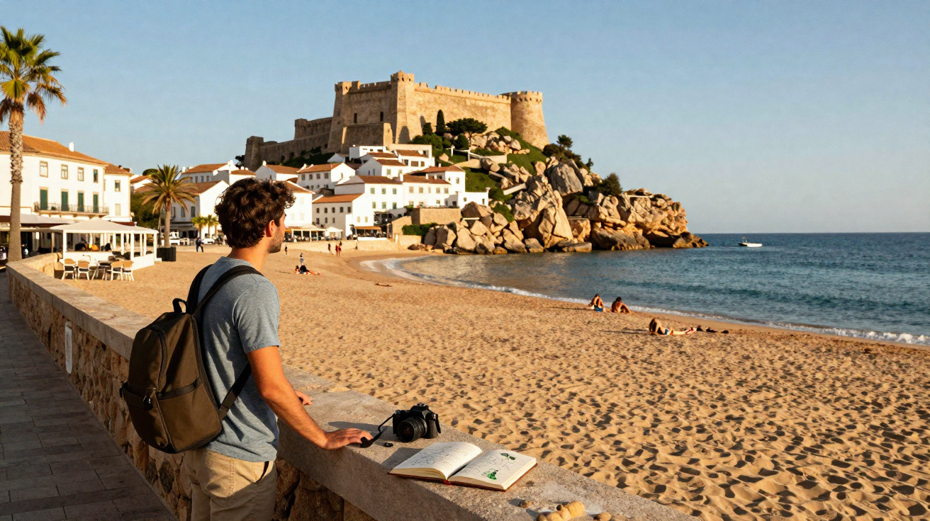 Homem com mochila observa praia e castelo ao fundo em vila costeira ensolarada.
