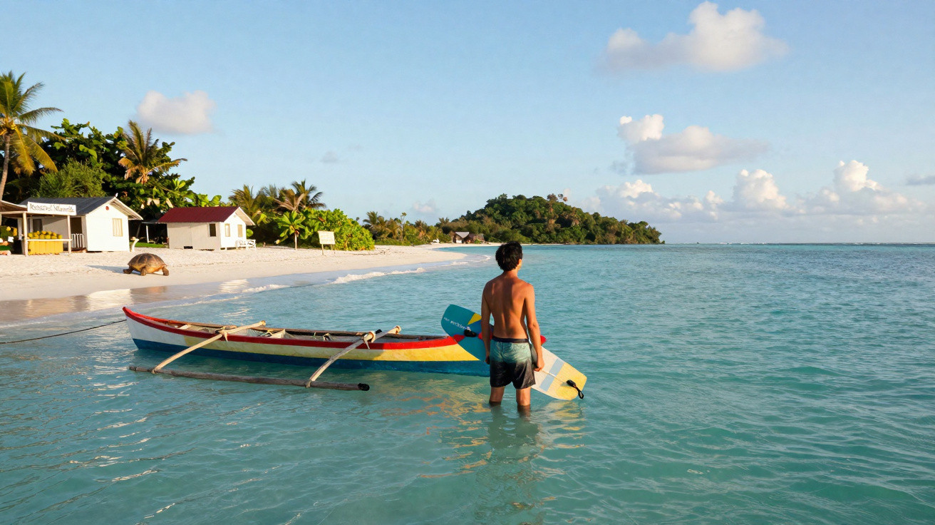 Homem de costas com prancha na água em frente a barco colorido próximo à praia com casas e árvores.