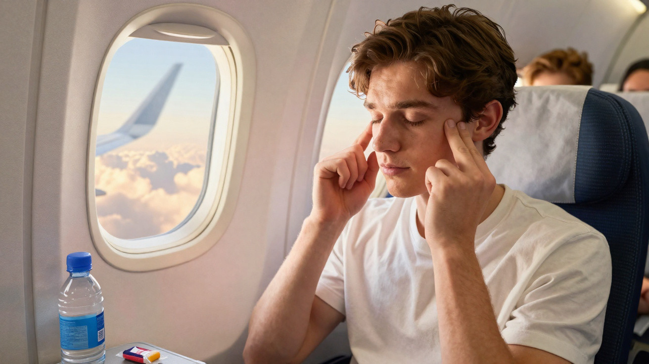 Homem jovem sentado em avião, com dedos nas têmporas, olhando para baixo, janela mostra céu e avião ao fundo.