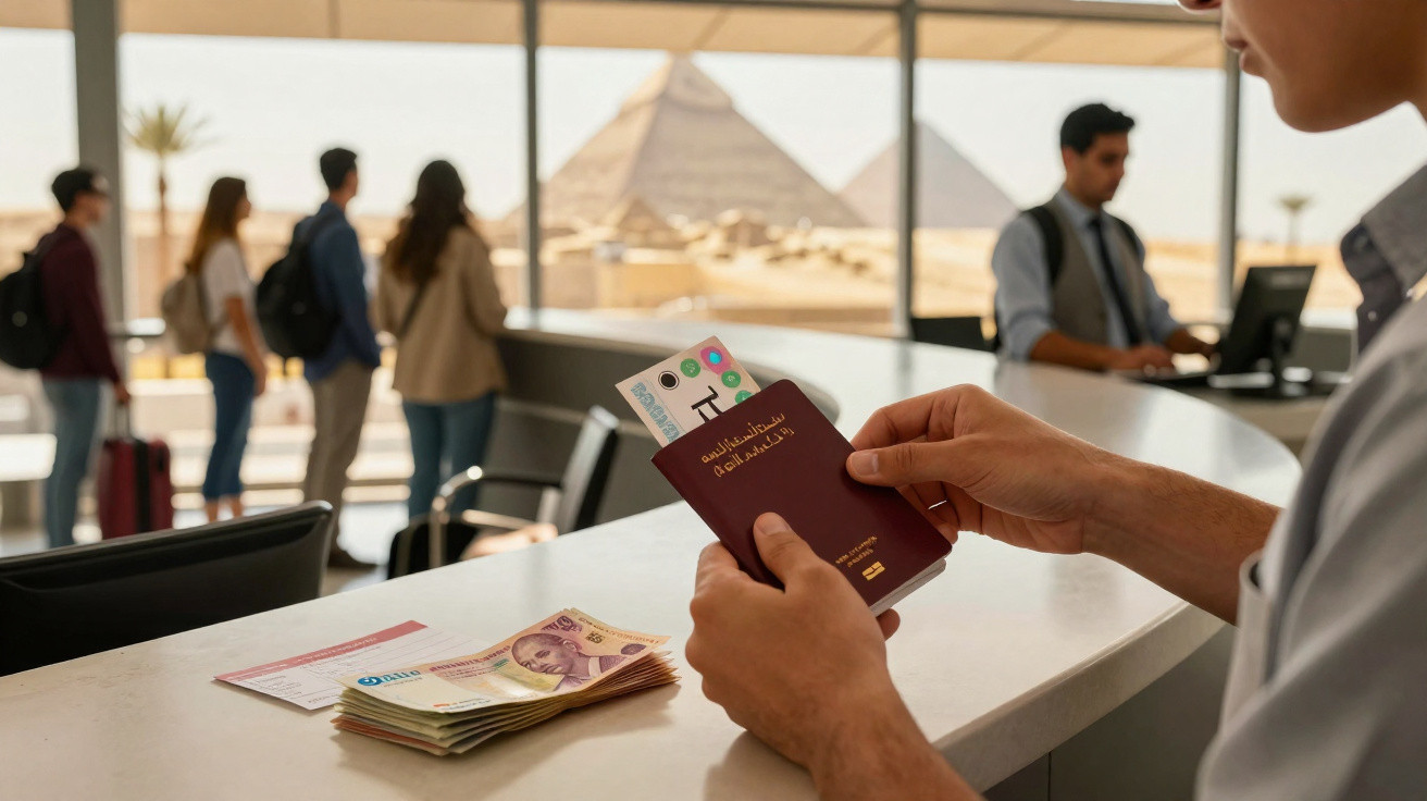 Pessoa segurando passaporte e bilhete aéreo em balcão de aeroporto com fila e pirâmide ao fundo.