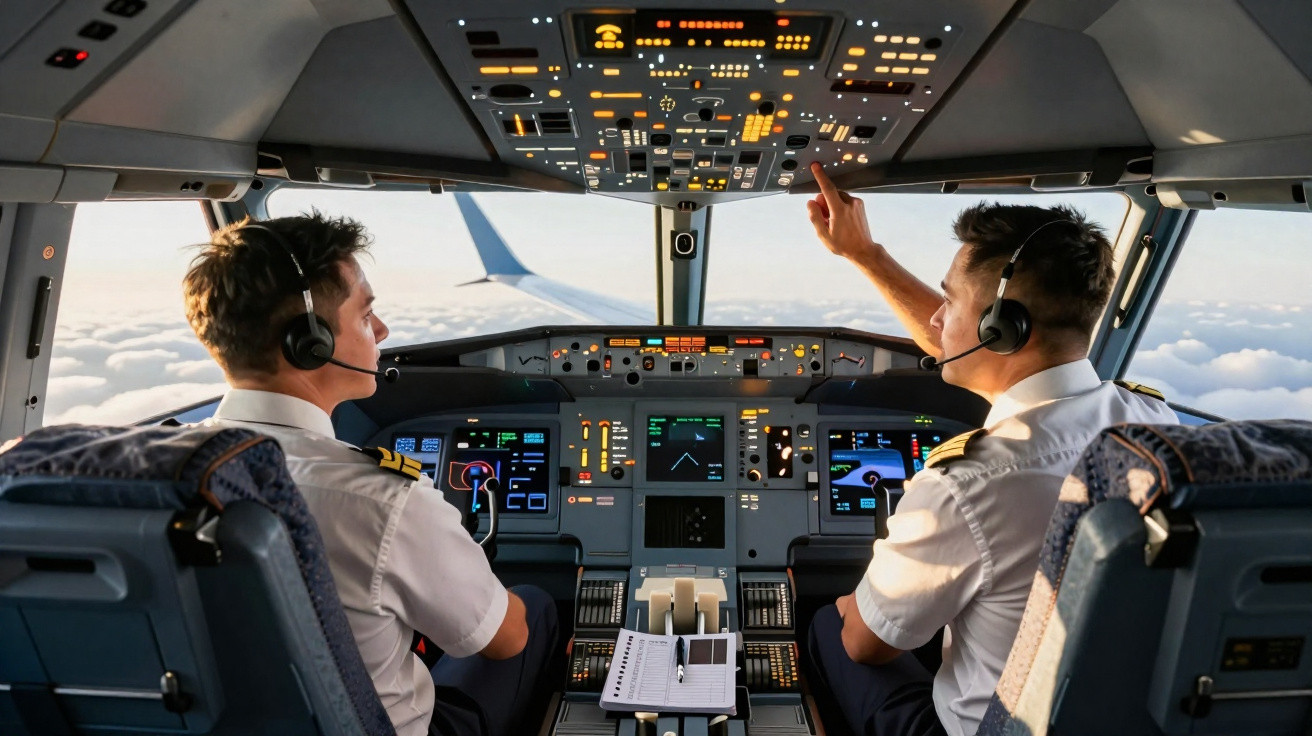 Dois pilotos com uniformes e headsets operam os controles dentro do cockpit de um avião em voo.