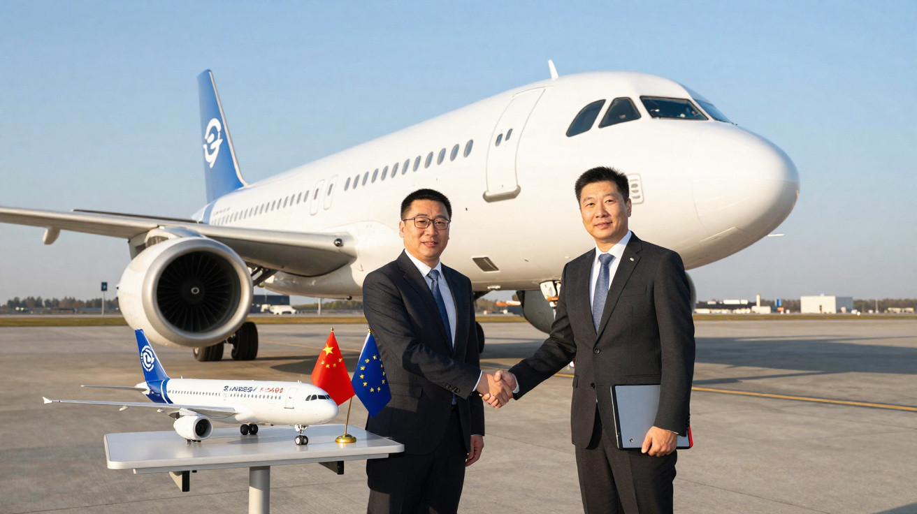 Dois homens de terno apertam as mãos em frente a um avião estacionado no aeroporto, com maquete e bandeiras da China e União 