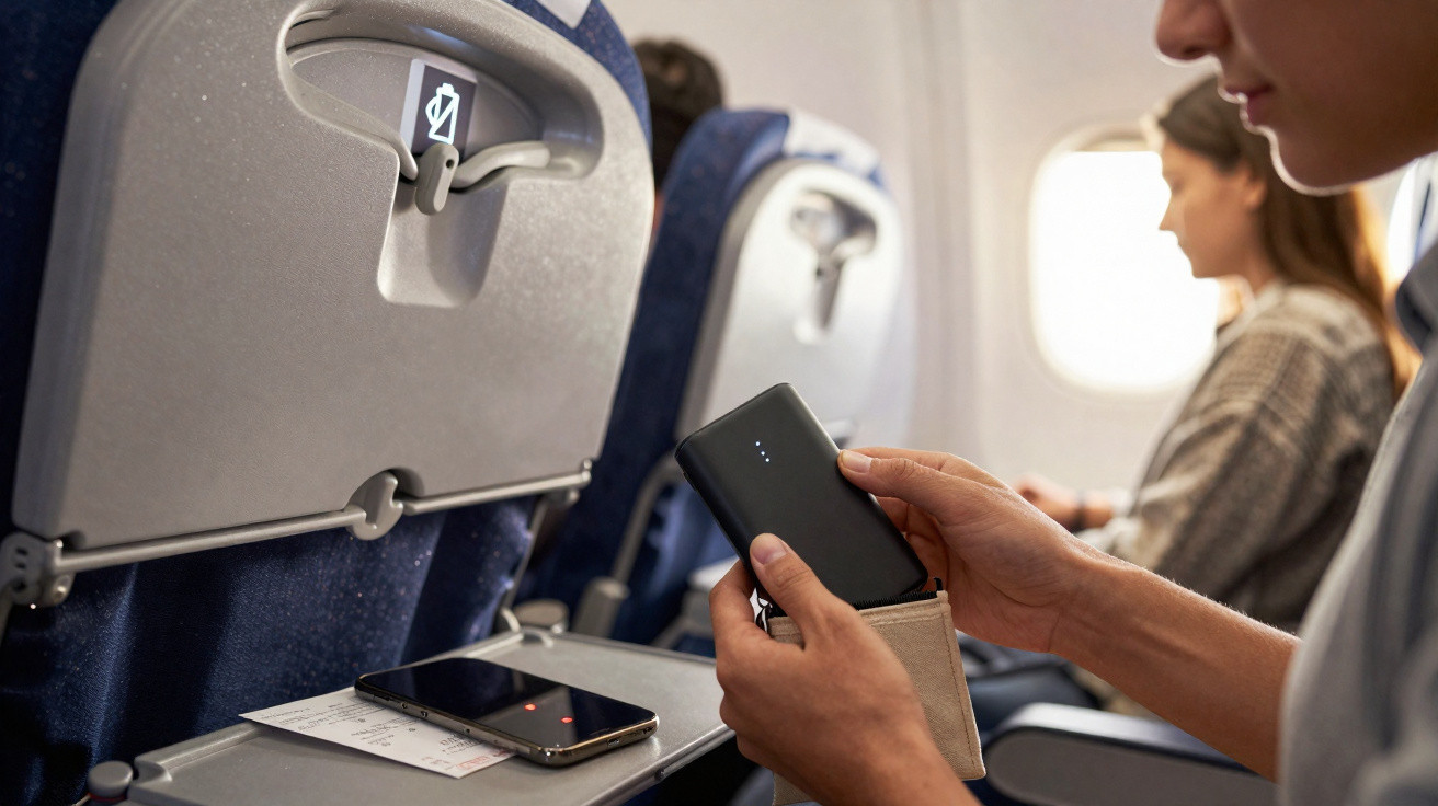Pessoa segurando power bank dentro de avião, com celular e bilhete na mesa dobrável do assento à frente.