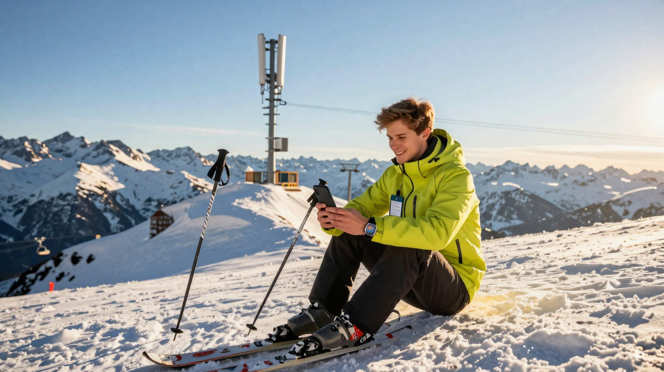 Jovem com jaqueta verde sentado na neve com esquis, olhando para o celular em área de montanhas nevadas.