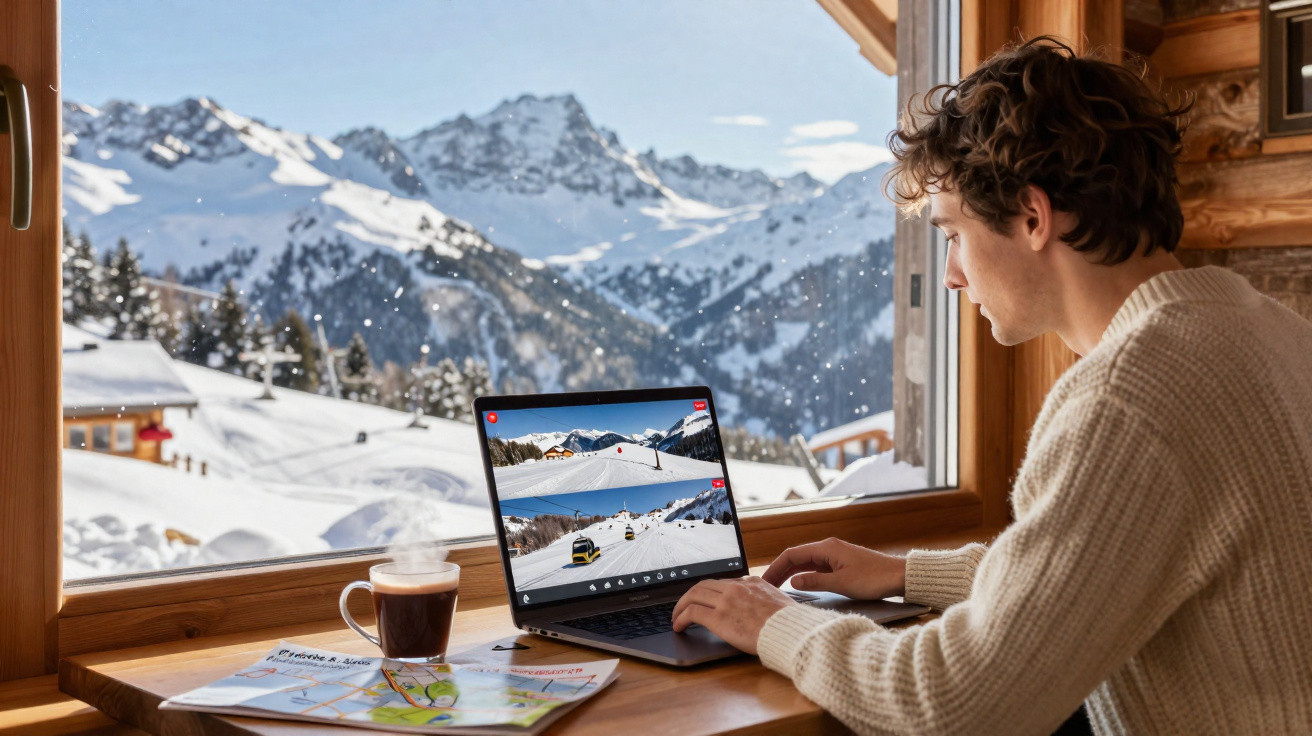 Homem usando laptop à mesa próxima a janela com vista para montanhas nevadas e xícara de café.