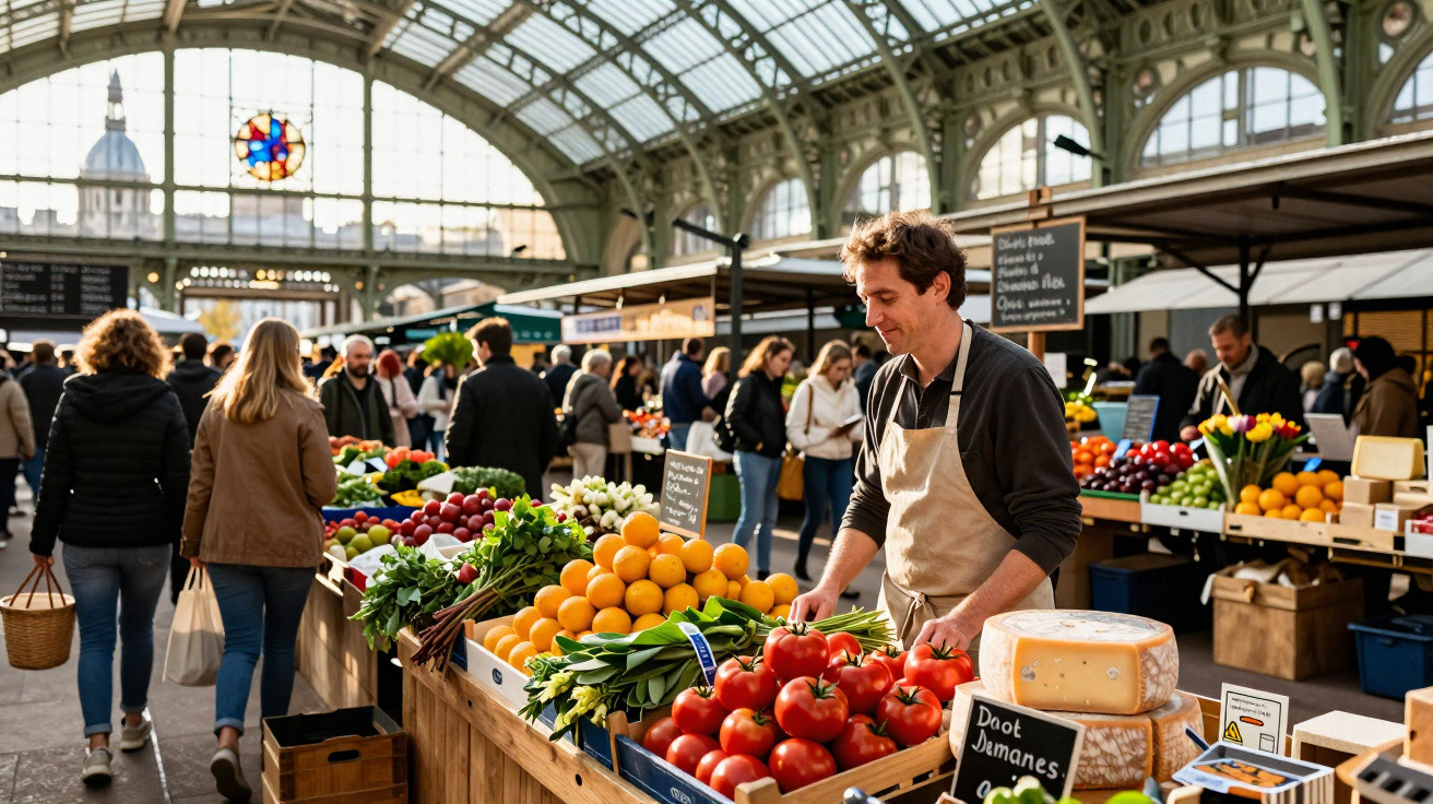 Homem vendendo frutas e queijos frescos em mercado coberto movimentado com várias pessoas.