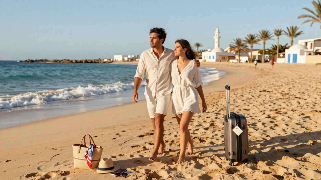 Casal caminhando de braços dados na praia com malas e objetos de viagem na areia ao entardecer.