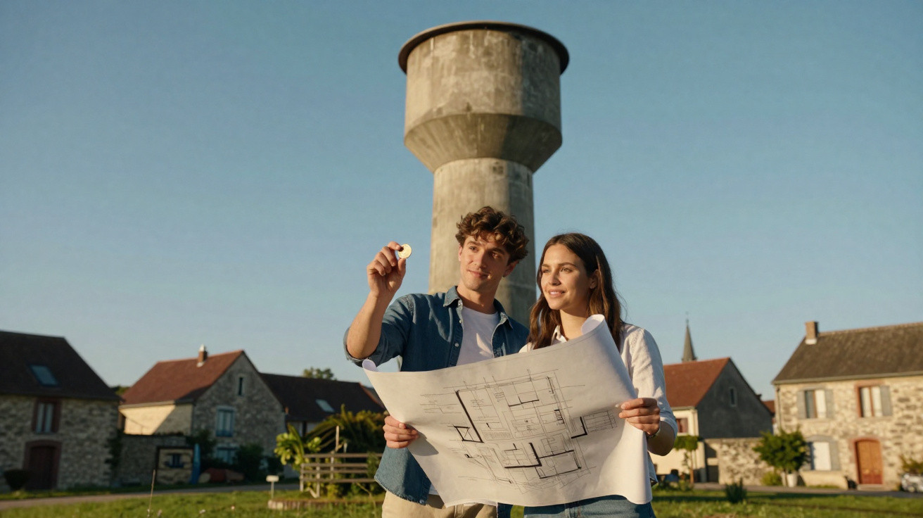 Casal jovem analisando planta baixa de construção ao ar livre com torre de água e casas ao fundo.